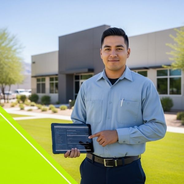 An experienced Enix Mechanical HVAC contractor in Nevada, holding a diagnostic tablet in front of a commercial building.