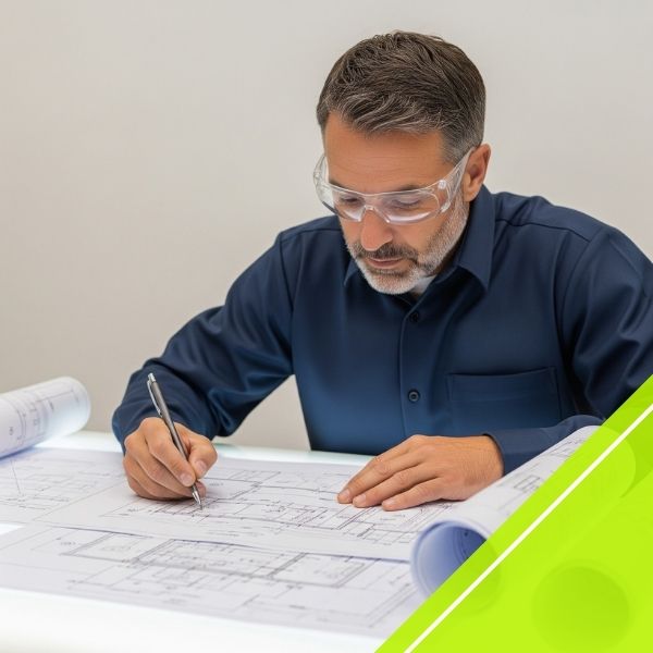 An Enix Mechanical engineer reviewing blueprints for a custom commercial heating and cooling solution at a drafting table.