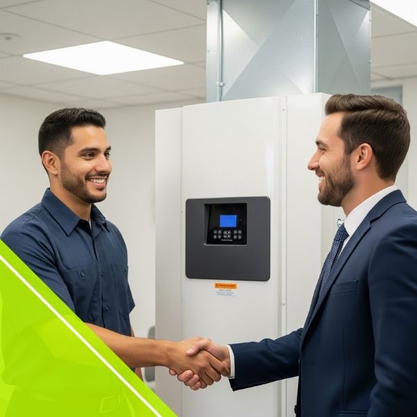 A smiling Enix Mechanical technician shaking hands with a satisfied client after a successful commercial HVAC installation.
