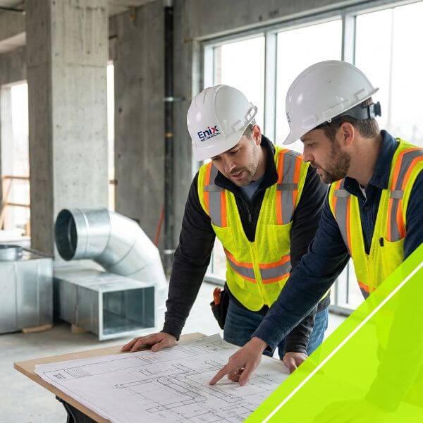 commercial HVAC team looking at plans
