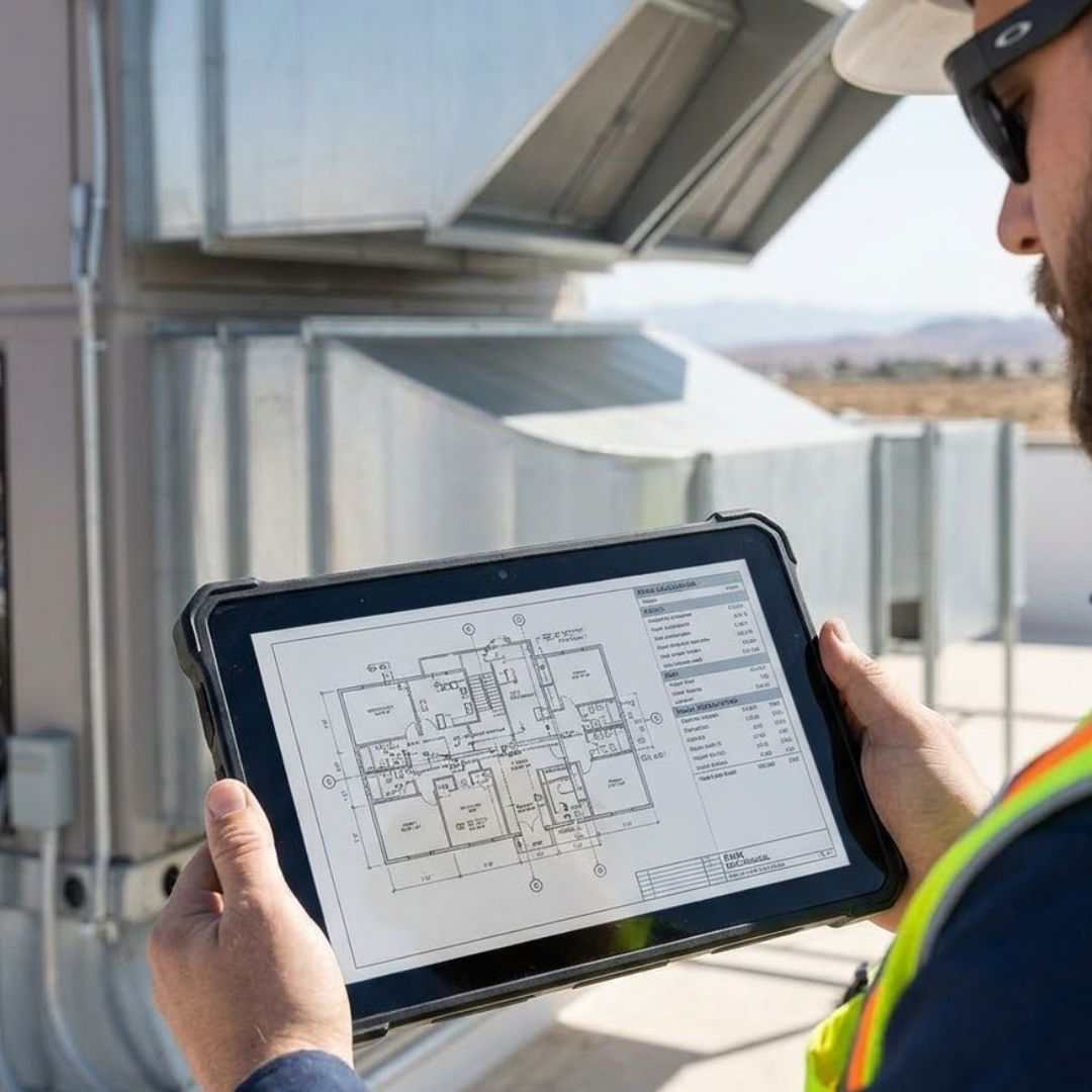 AC tech looking at a tablet